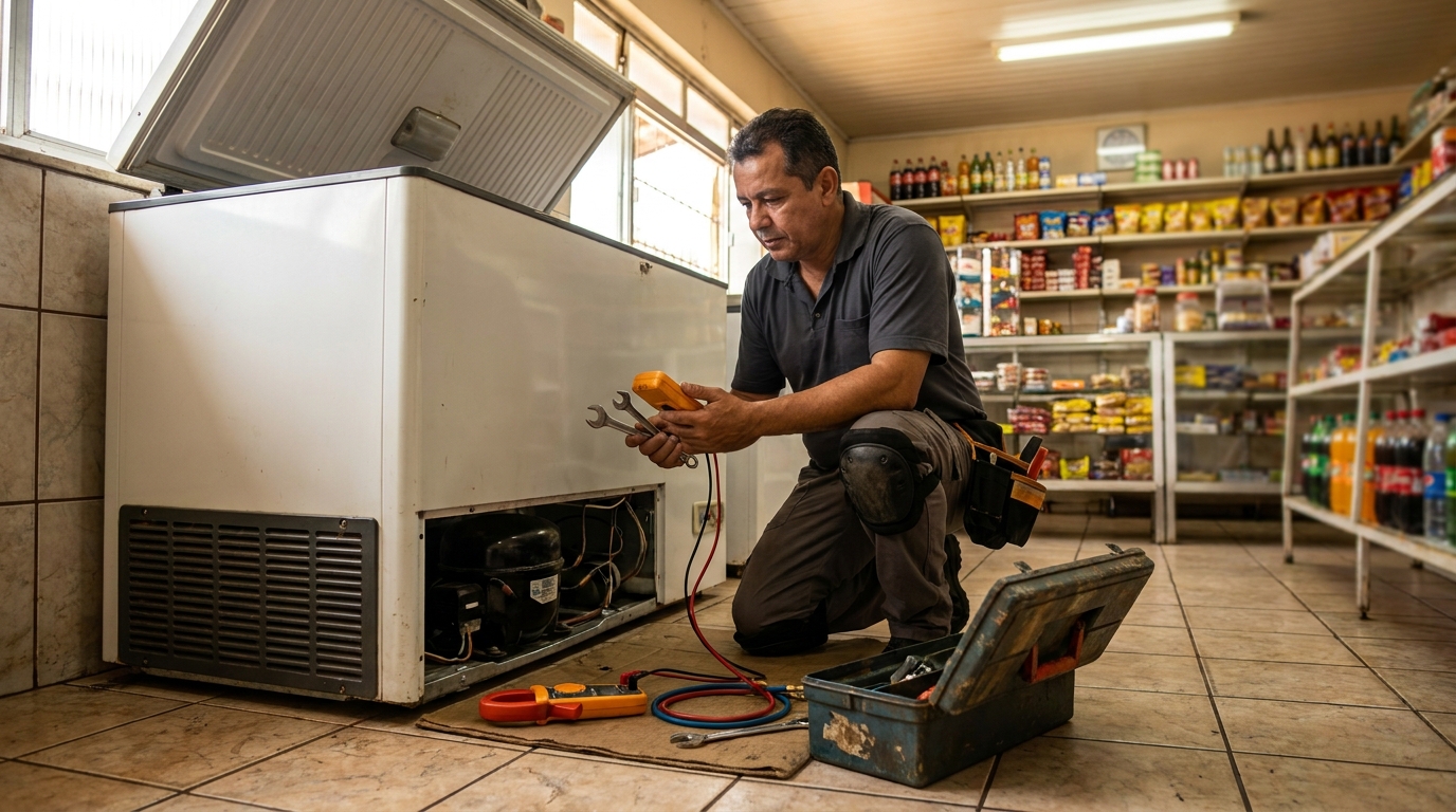 Técnico realizando manutenção de motor de freezer em Compensa, Manaus‑AM