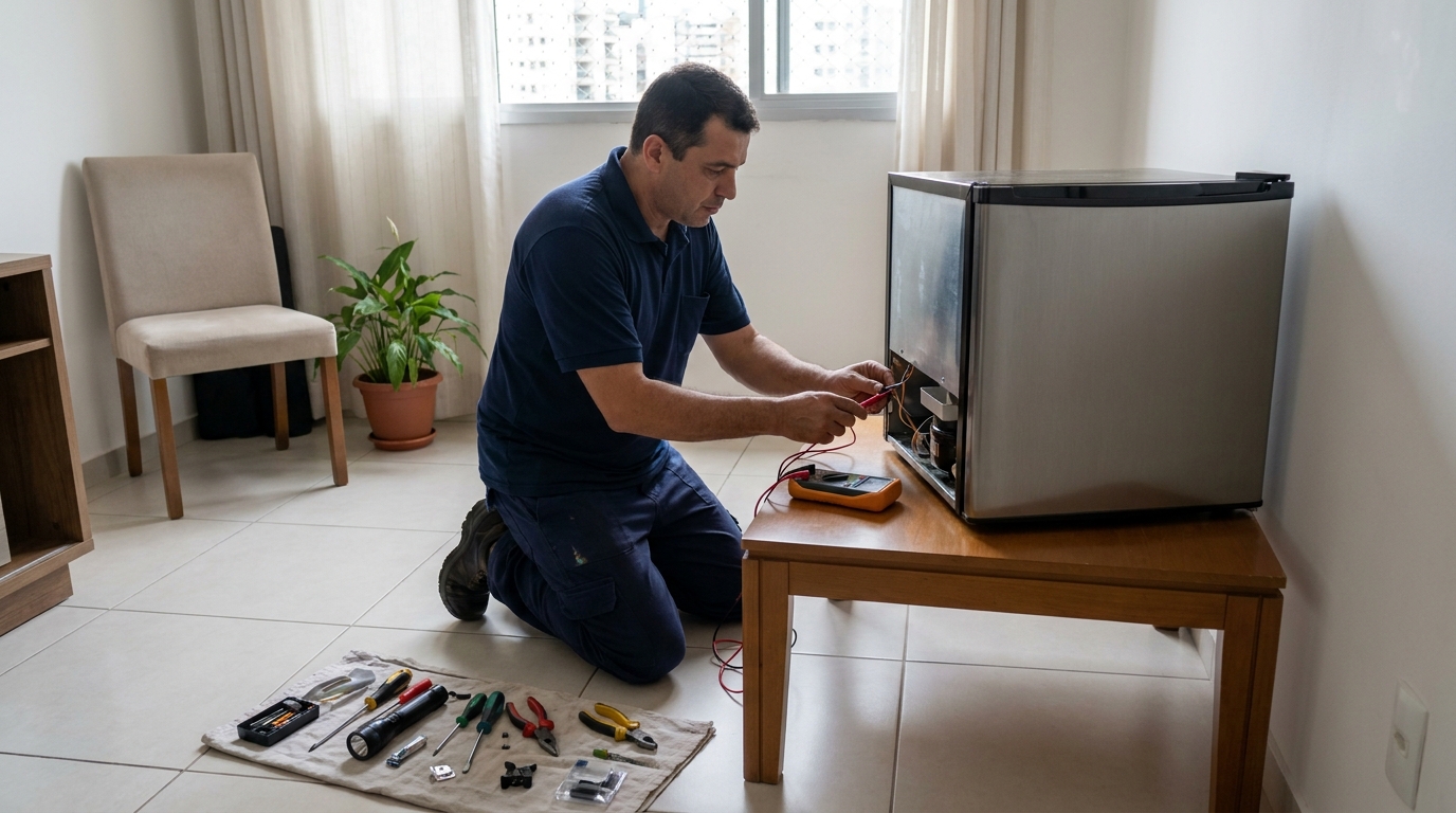 Técnico realizando manutenção de motor de frigobar no Crespo, Manaus‑AM