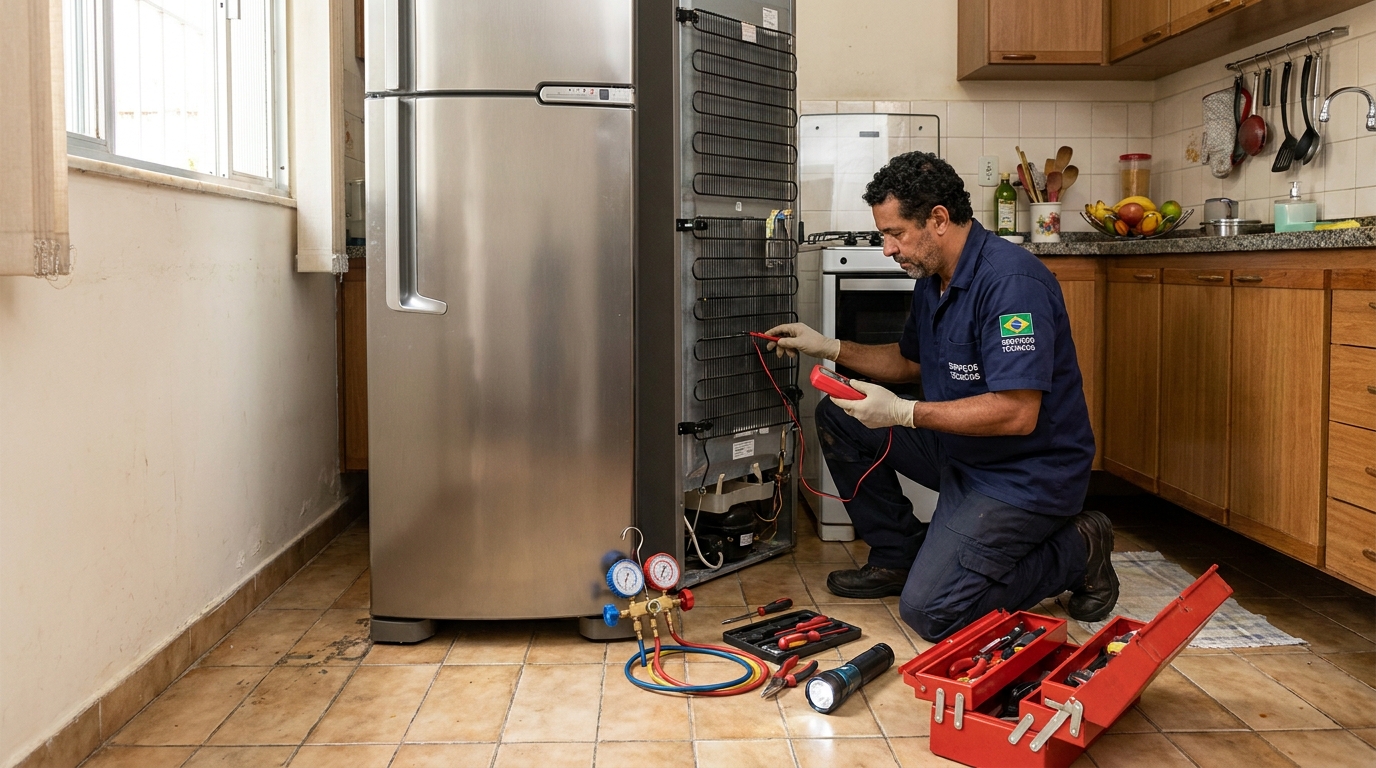 Técnico realizando manutenção de motor de geladeira na Alvorada, Manaus‑AM