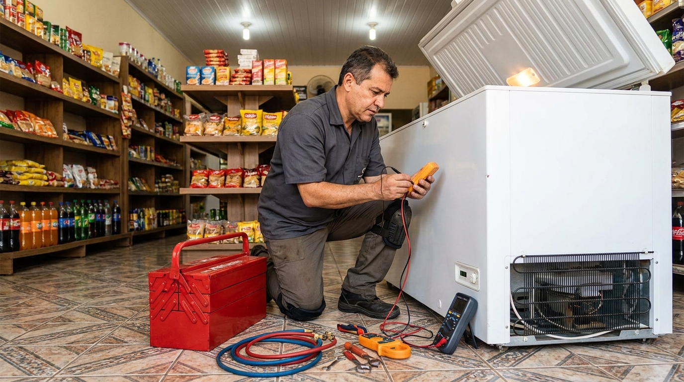 Recarga de gás refrigerante em freezer em atendimento em Compensa, Manaus‑AM