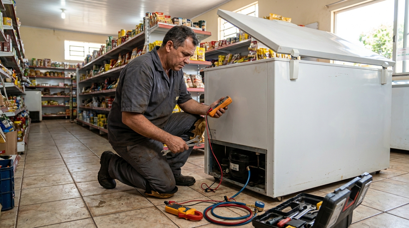 Troca de termostato de freezer em atendimento técnico em Compensa, Manaus‑AM